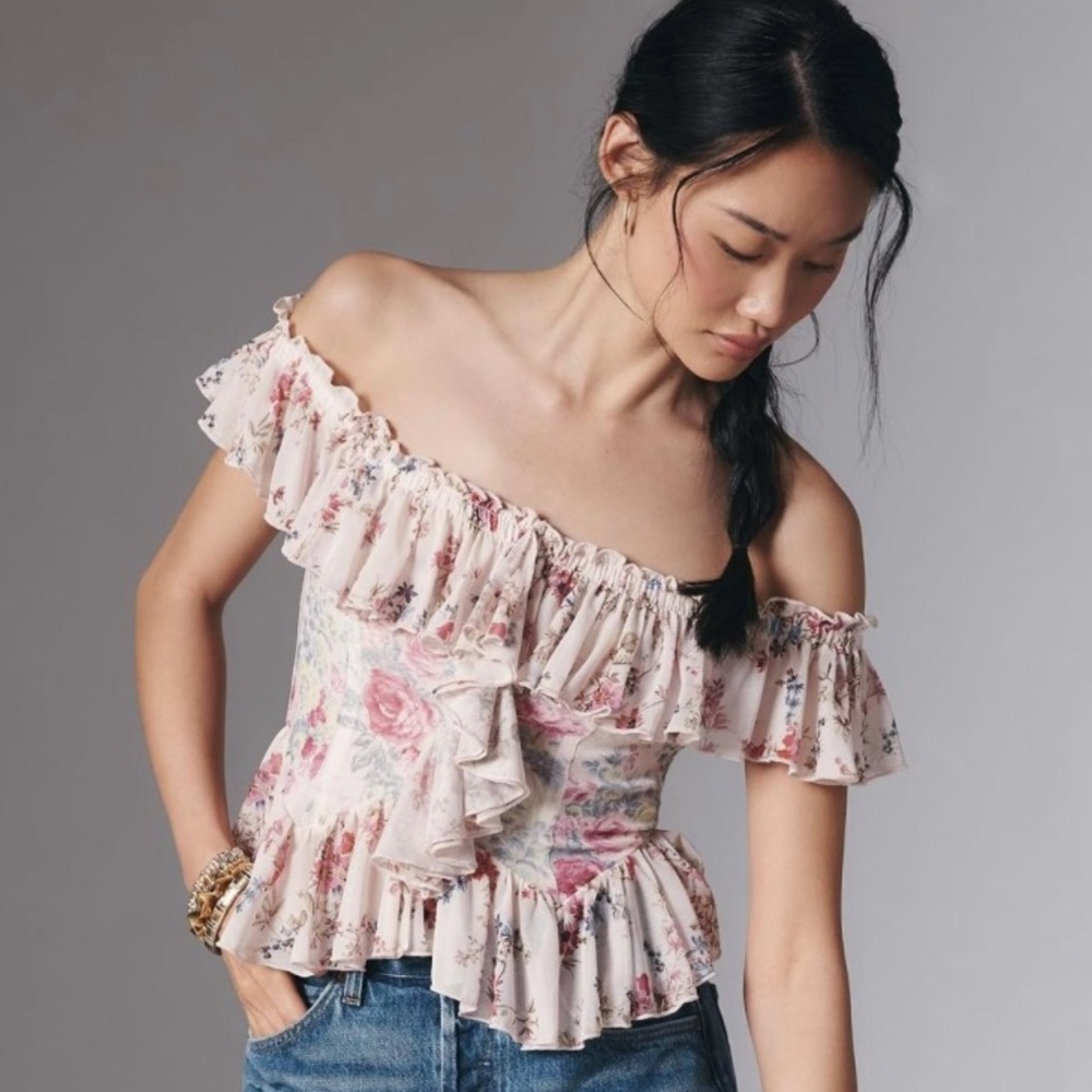 Anthropologie Floral Off-The-Shoulder Mesh Top Size Large NWT